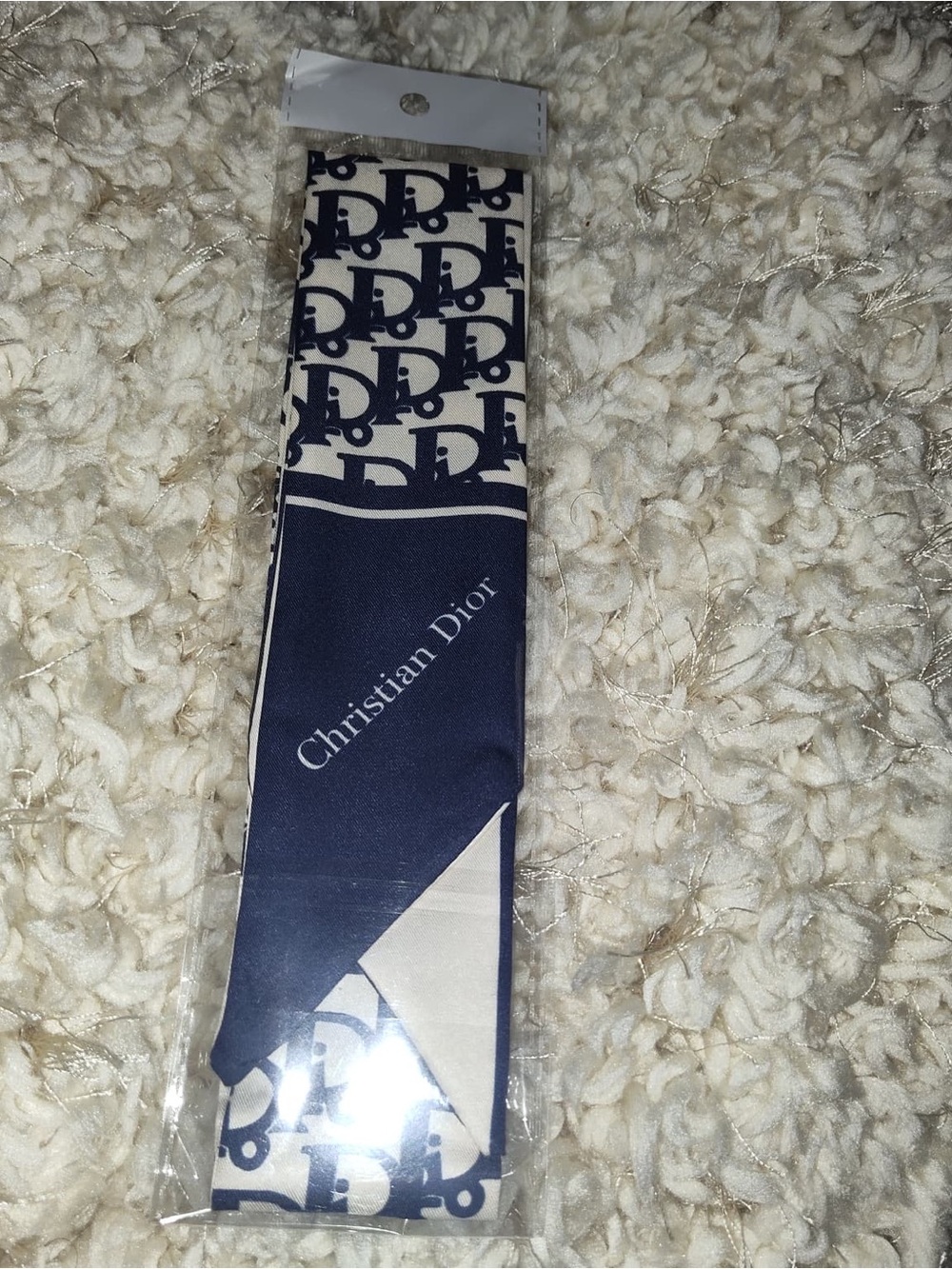 Dior Navy and Cream Logo Twilly Pocket Square